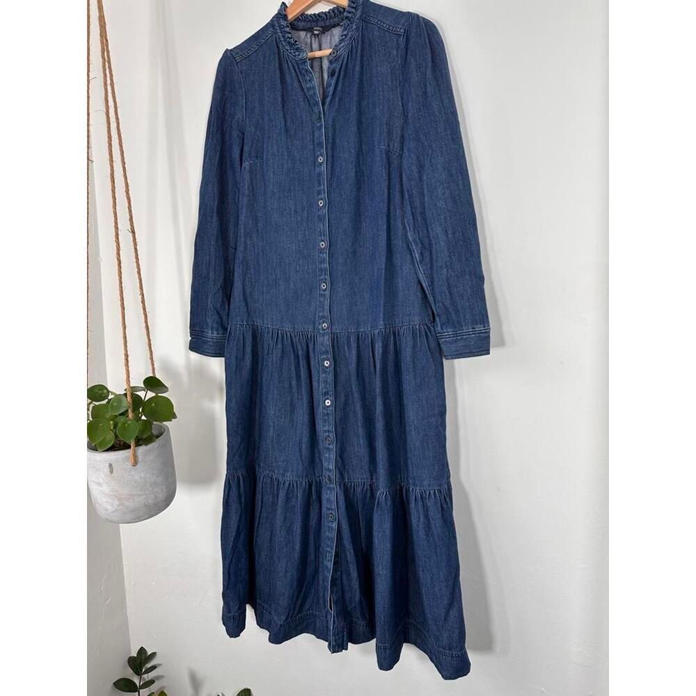Boden Blue Denim Midi Dress US 6R Ruffle Collar Tiered Button Front - Picture 3 of 8